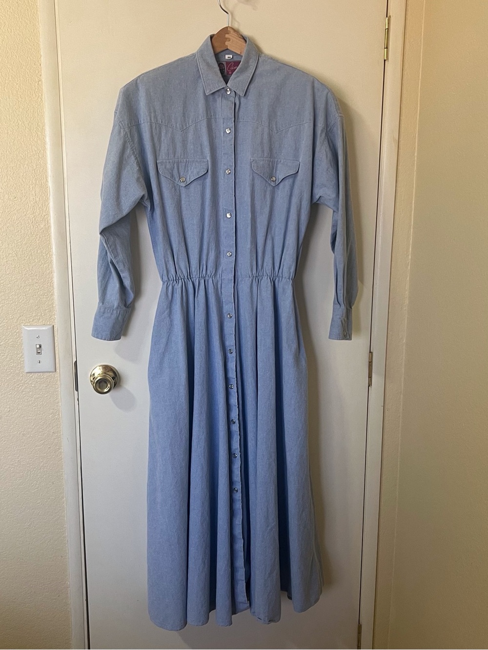 Vtg 80s Western Maxi Shirt Dress Pearl Snap Elastic Waist Pockets 9/10 Cowgirl